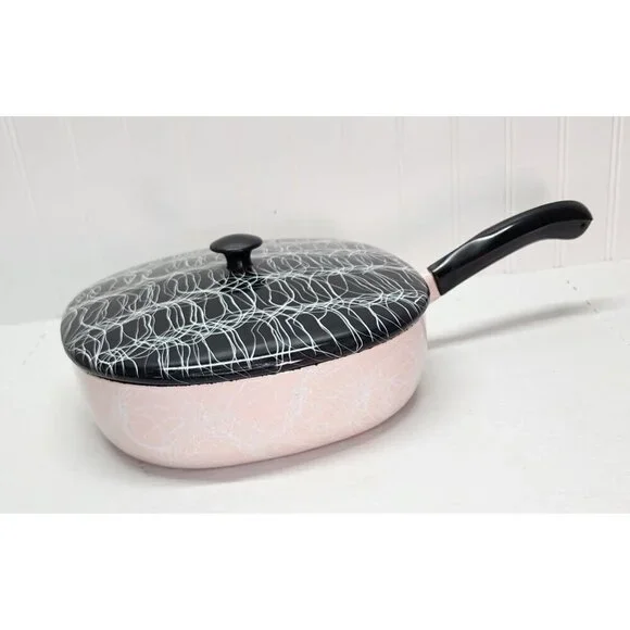1950's Vintage Serendipity Spaghetti String Pink & Black Abstract Enamel Skillet - Picture 1 of 16